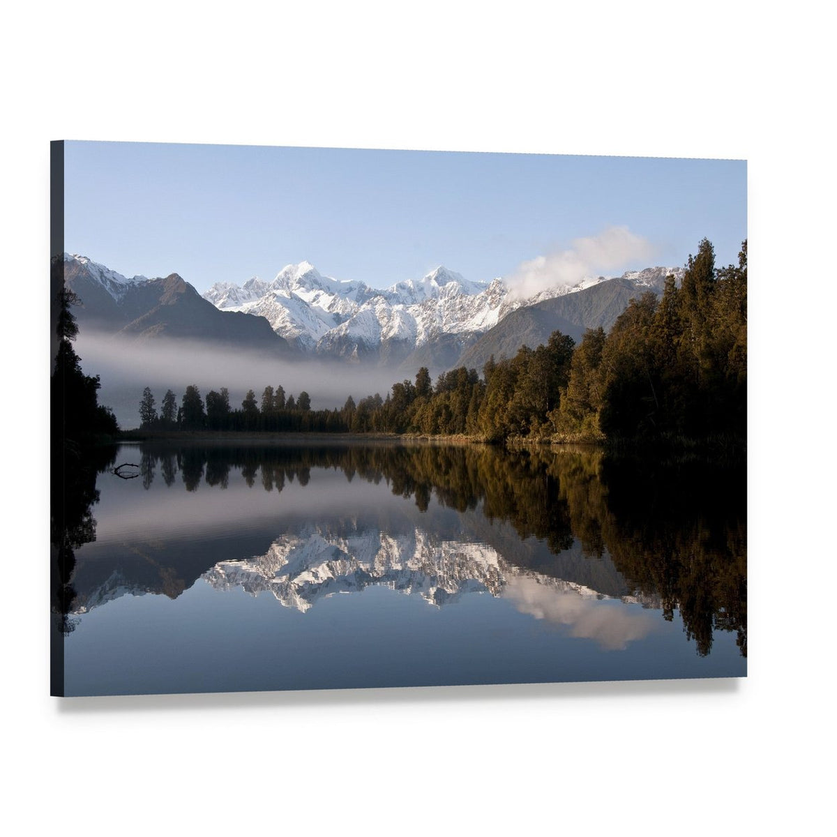 Lake Matheson Morning Reflection Canvas Wall Art, single panel gallery wrapped canvas, angled product view