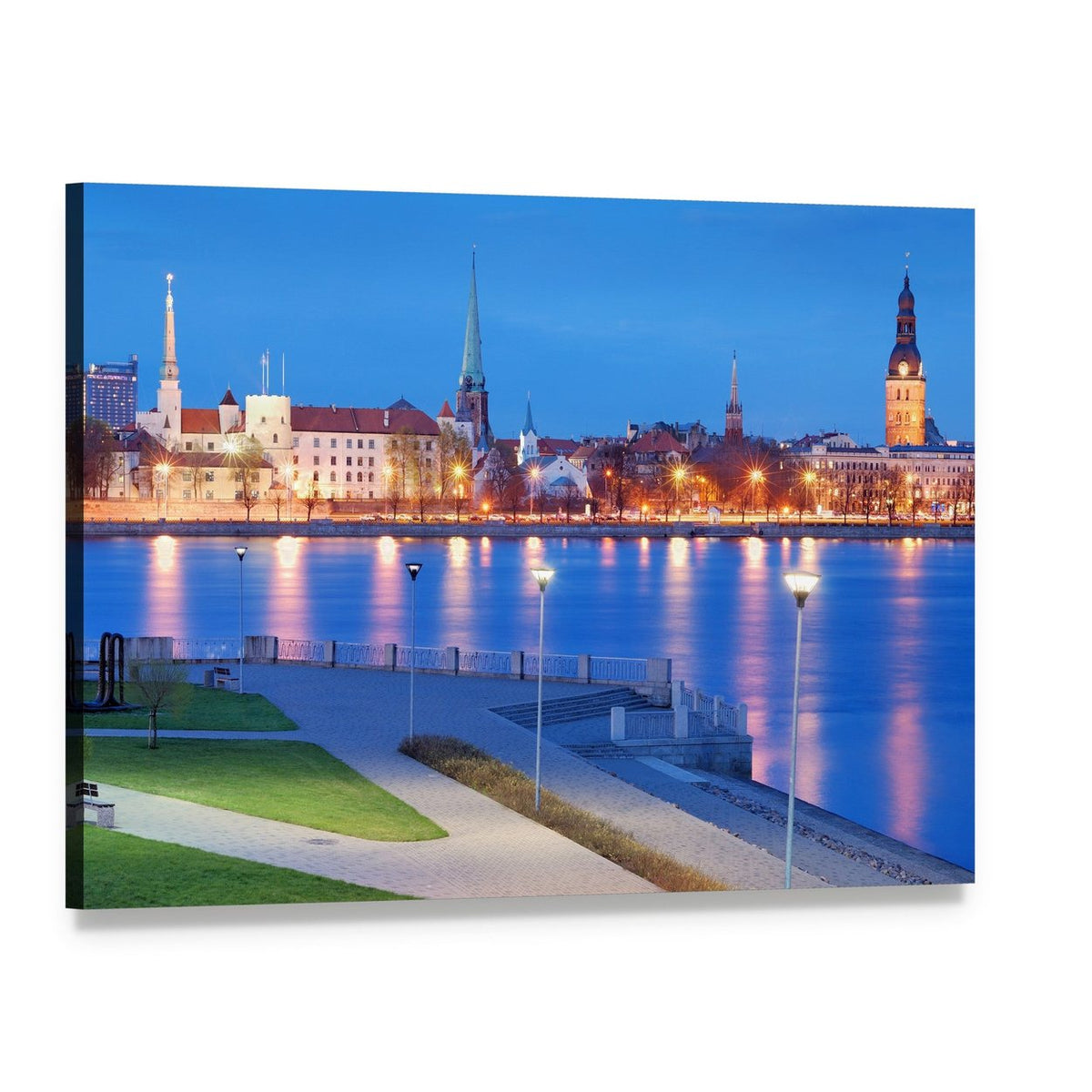 City Skyline Over Daugava River Canvas Wall Art, single panel gallery wrapped canvas, angled product view