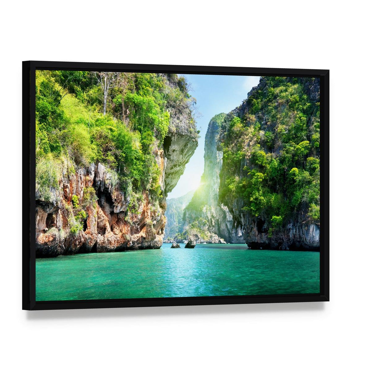 Tropical Cliffs and Turquoise Sea in Thailand Canvas Wall Art, framed canvas in a black floater frame, angled product view