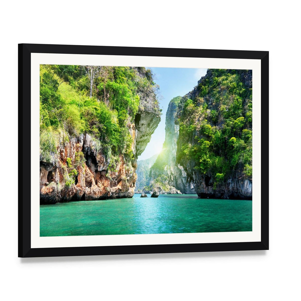Tropical Cliffs and Turquoise Sea in Thailand Canvas Wall Art, framed print with white mat and black frame, angled product view