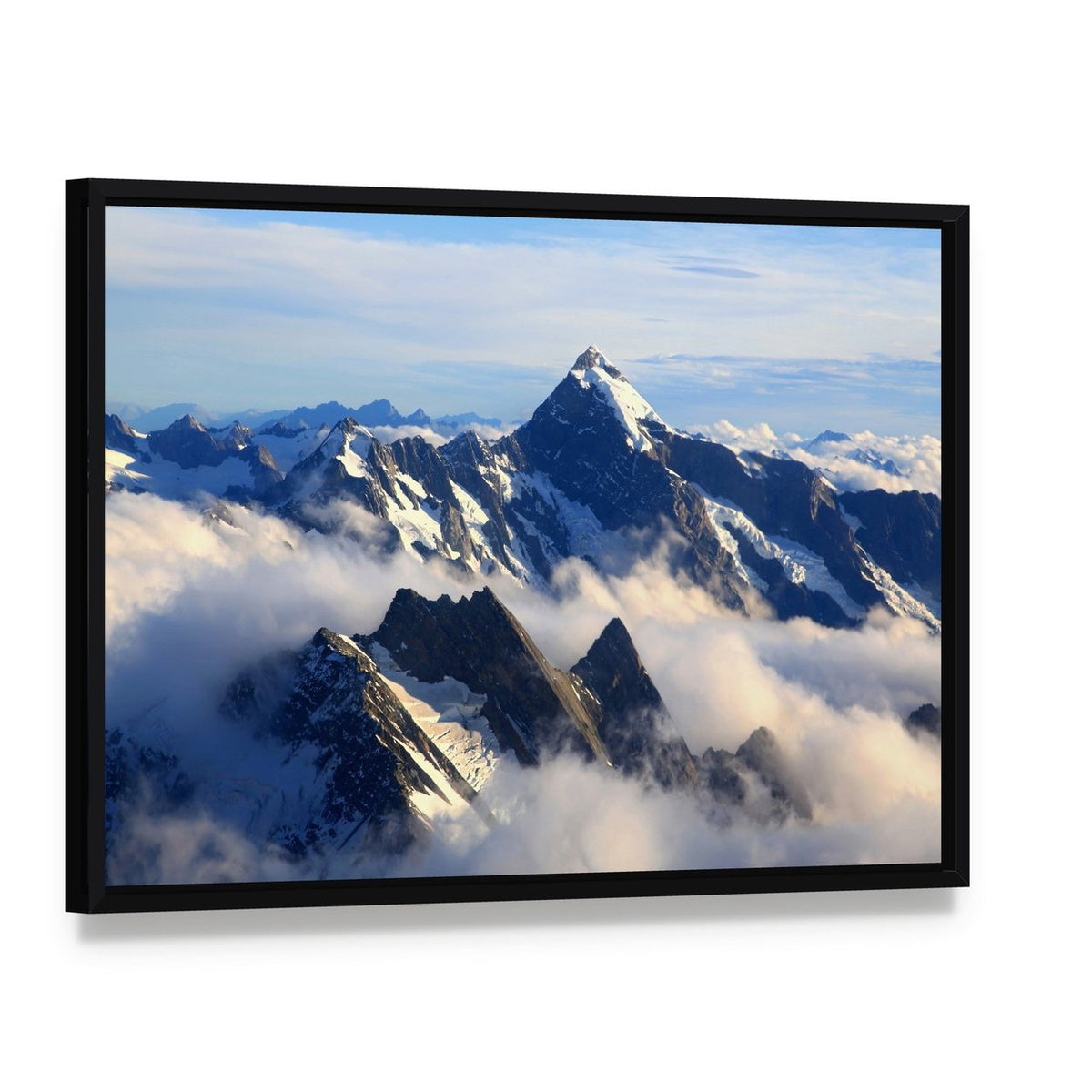 Mount Cook Peak Canvas Wall Art, framed canvas in a black floater frame, angled product view
