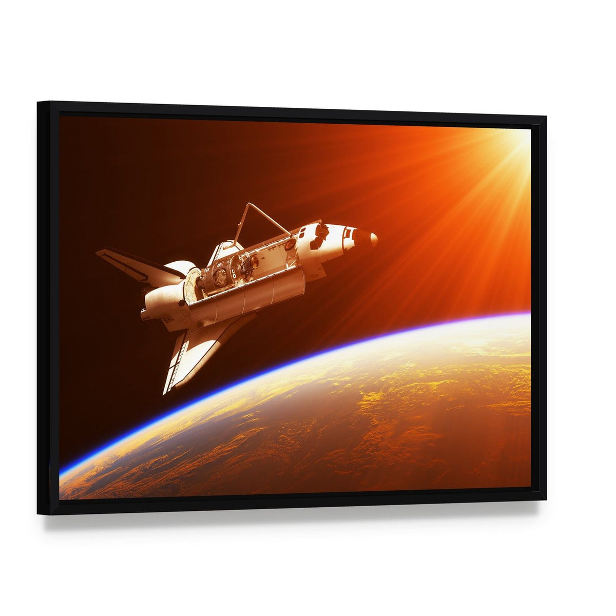 Space Shuttle Over Earth at Sunrise Canvas Wall Art, framed canvas in a black floater frame, angled product view