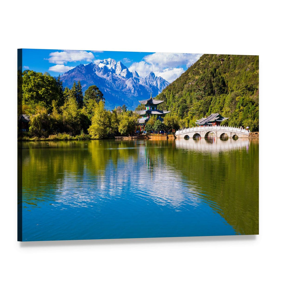 Black Dragon Pool with Temple and Mountains Canvas Wall Art, single panel gallery wrapped canvas, angled product view