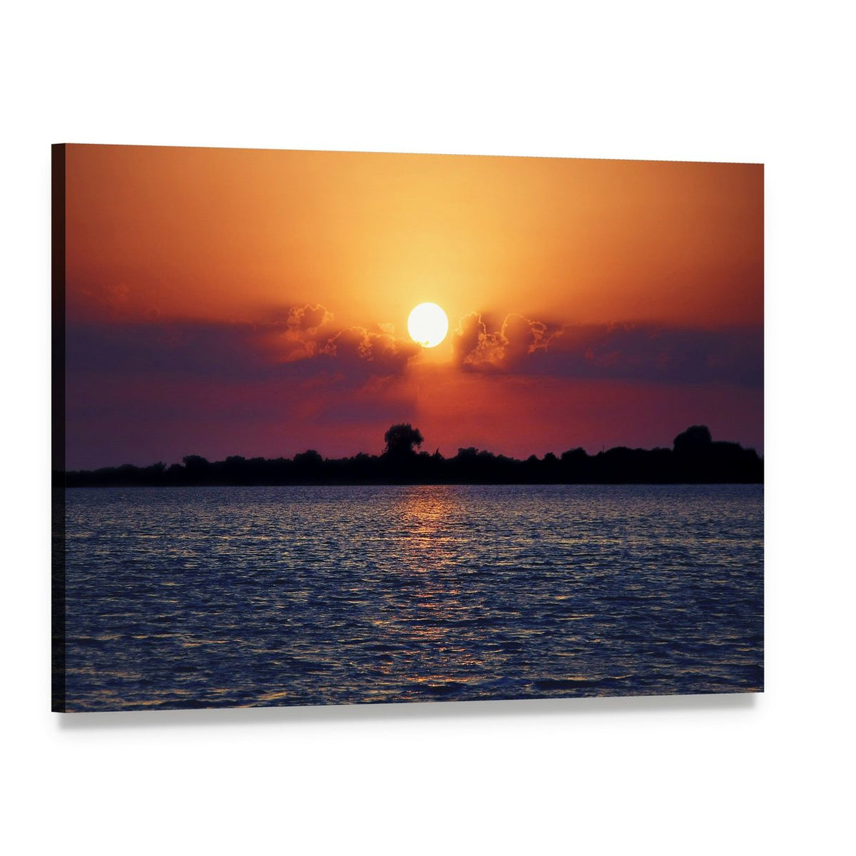 Cloudy Sunset Over Lake Canvas Wall Art, single panel gallery wrapped canvas, angled product view