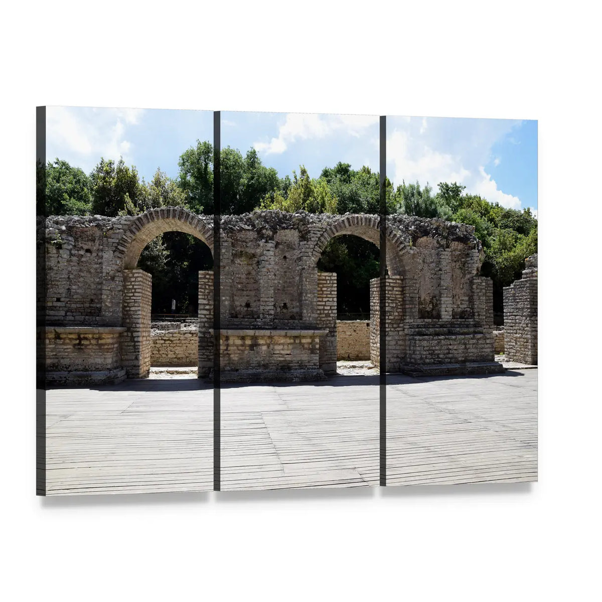 Ruins of Buthrotum in Albania Canvas Wall Art, 3 panel 3 Horizontal layout gallery wrapped canvas set, angled product view
