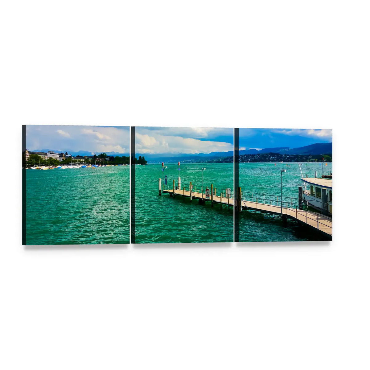 Wooden Pier and White Boat on Turquoise Lake Panoramic Canvas Wall Art, 3 panel 3 Piece layout gallery wrapped canvas set, angled product view