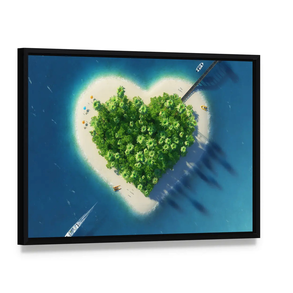 Heart-shaped Tropical Island Aerial View Canvas Wall Art, framed canvas in a black floater frame, angled product view