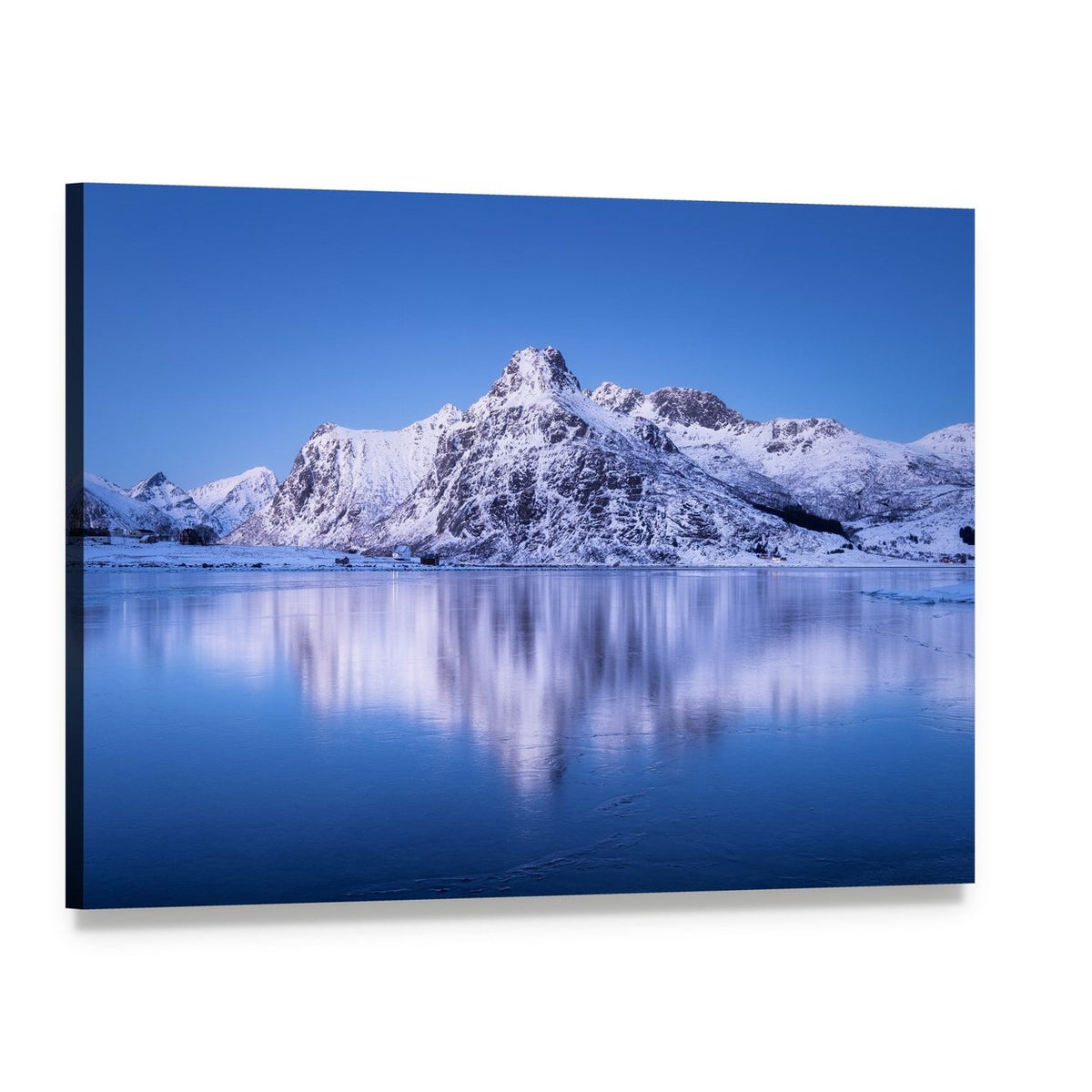 Snow-capped Mountain Reflection on Lake Canvas Wall Art, single panel gallery wrapped canvas, angled product view