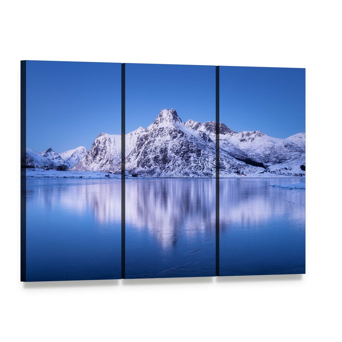Snow-capped Mountain Reflection on Lake Canvas Wall Art, 3 panel 3 Horizontal layout gallery wrapped canvas set, angled product view