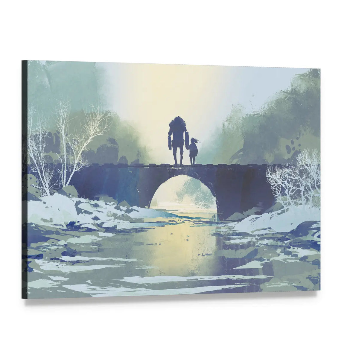 Robot and Child on Snowy Bridge Canvas Wall Art, single panel gallery wrapped canvas, angled product view