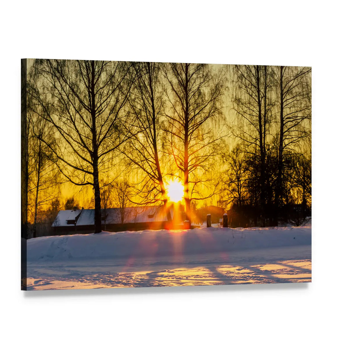 Sunbeams Over Snowy Winter Trees Canvas Wall Art, single panel gallery wrapped canvas, angled product view