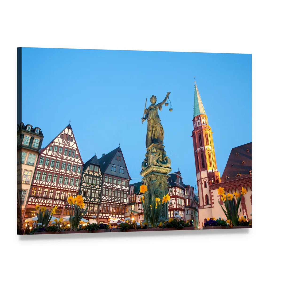 Scales of Justice at Romerberg Square Canvas Wall Art, single panel gallery wrapped canvas, angled product view