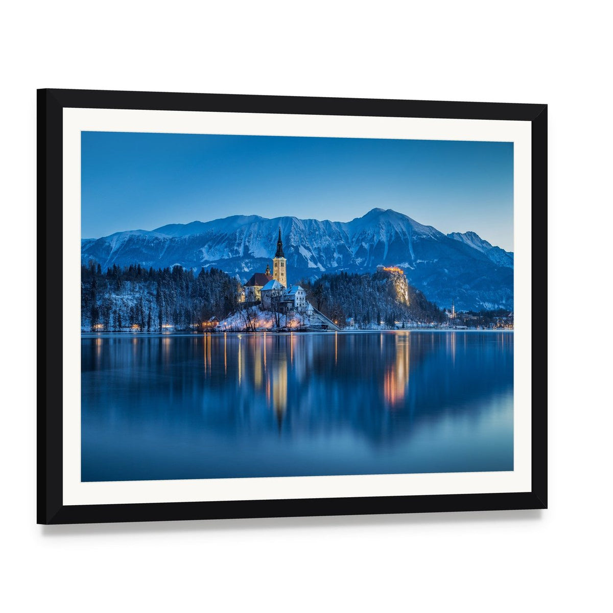 Twilight Island Church Over Snowy Lake Canvas Wall Art, framed print with white mat and black frame, angled product view