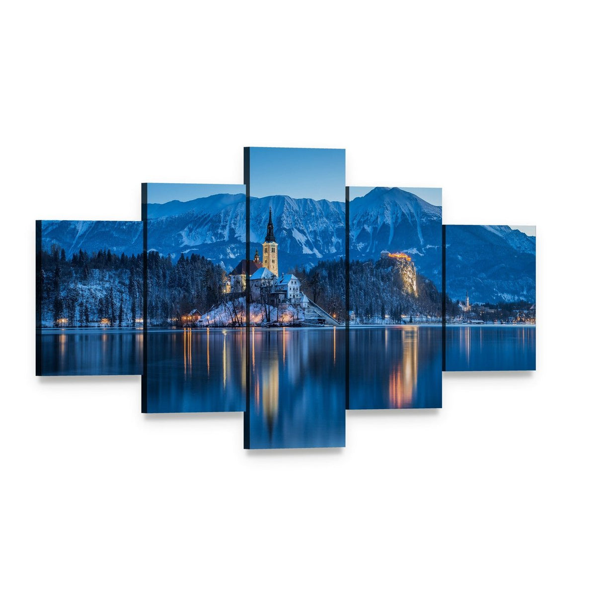 Twilight Island Church Over Snowy Lake Canvas Wall Art, 5 panel 5 Star layout gallery wrapped canvas set, angled product view