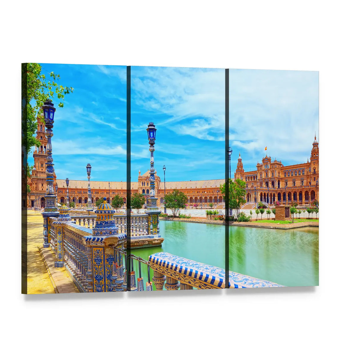 Plaza De España, Seville Canvas Wall Art, 3 panel 3 Horizontal layout gallery wrapped canvas set, angled product view