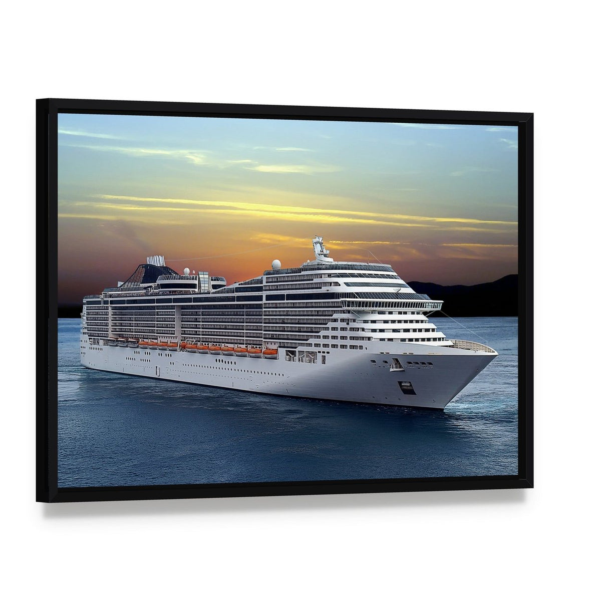 Cruise Ship at Sunset Canvas Wall Art, framed canvas in a black floater frame, angled product view