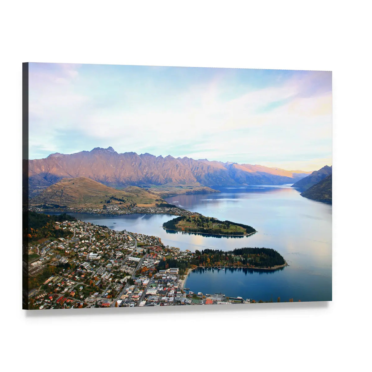 Queenstown Downtown Aerial View Canvas Wall Art, single panel gallery wrapped canvas, angled product view