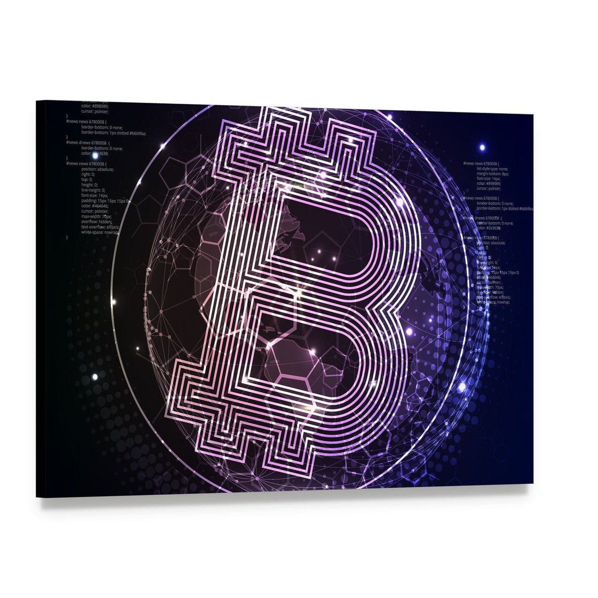 Purple Bitcoin Logo with Digital Globe Canvas Wall Art, single panel gallery wrapped canvas, angled product view