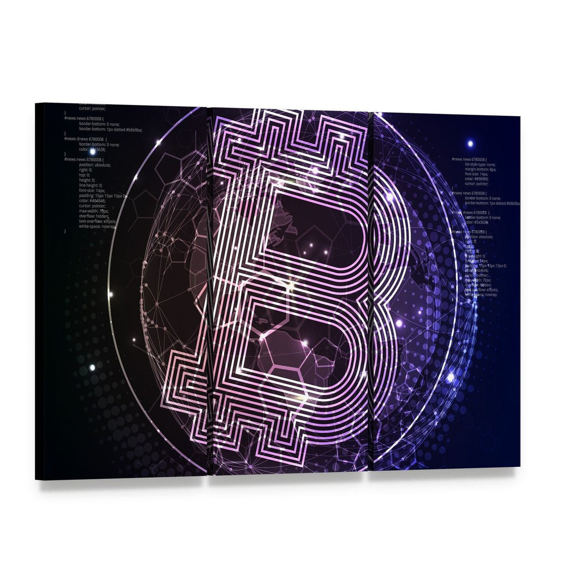 Purple Bitcoin Logo with Digital Globe Canvas Wall Art, 3 panel 3 Horizontal layout gallery wrapped canvas set, angled product view