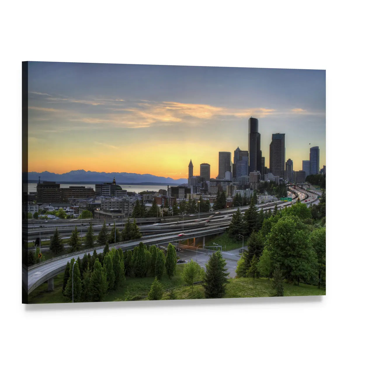 Seattle Skyline with Mountains at Sunset Canvas Wall Art, single panel gallery wrapped canvas, angled product view