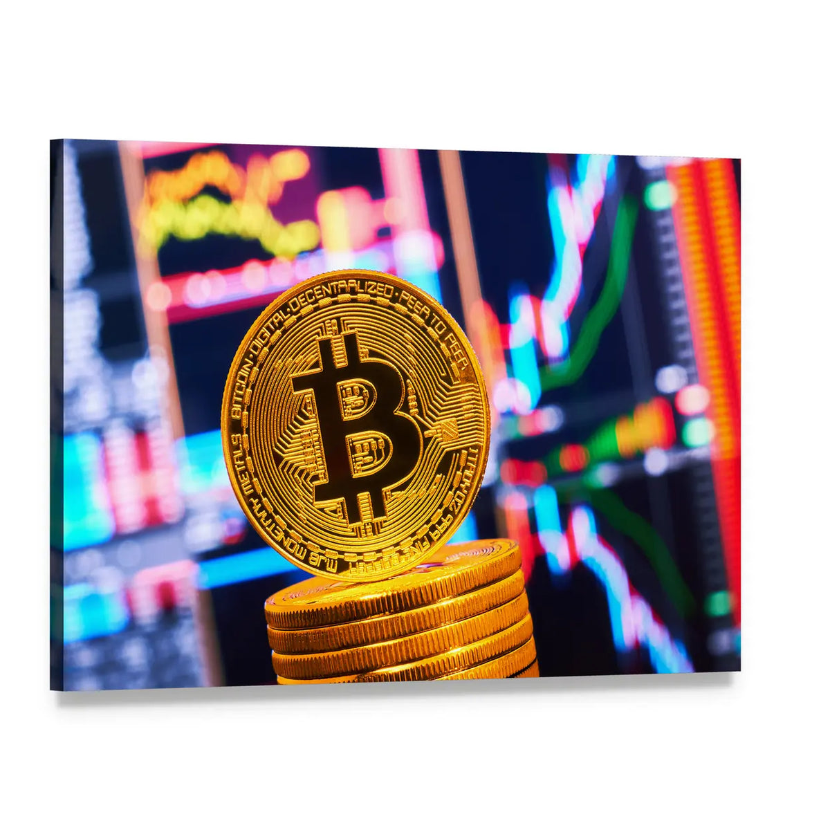 Bitcoin Coin with Financial Charts Canvas Wall Art, single panel gallery wrapped canvas, angled product view