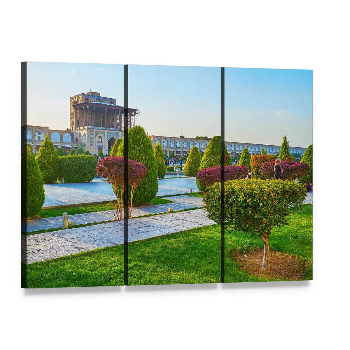 Qapu Palace Garden with Stone Pathway Canvas Wall Art, 3 panel 3 Horizontal layout gallery wrapped canvas set, angled product view