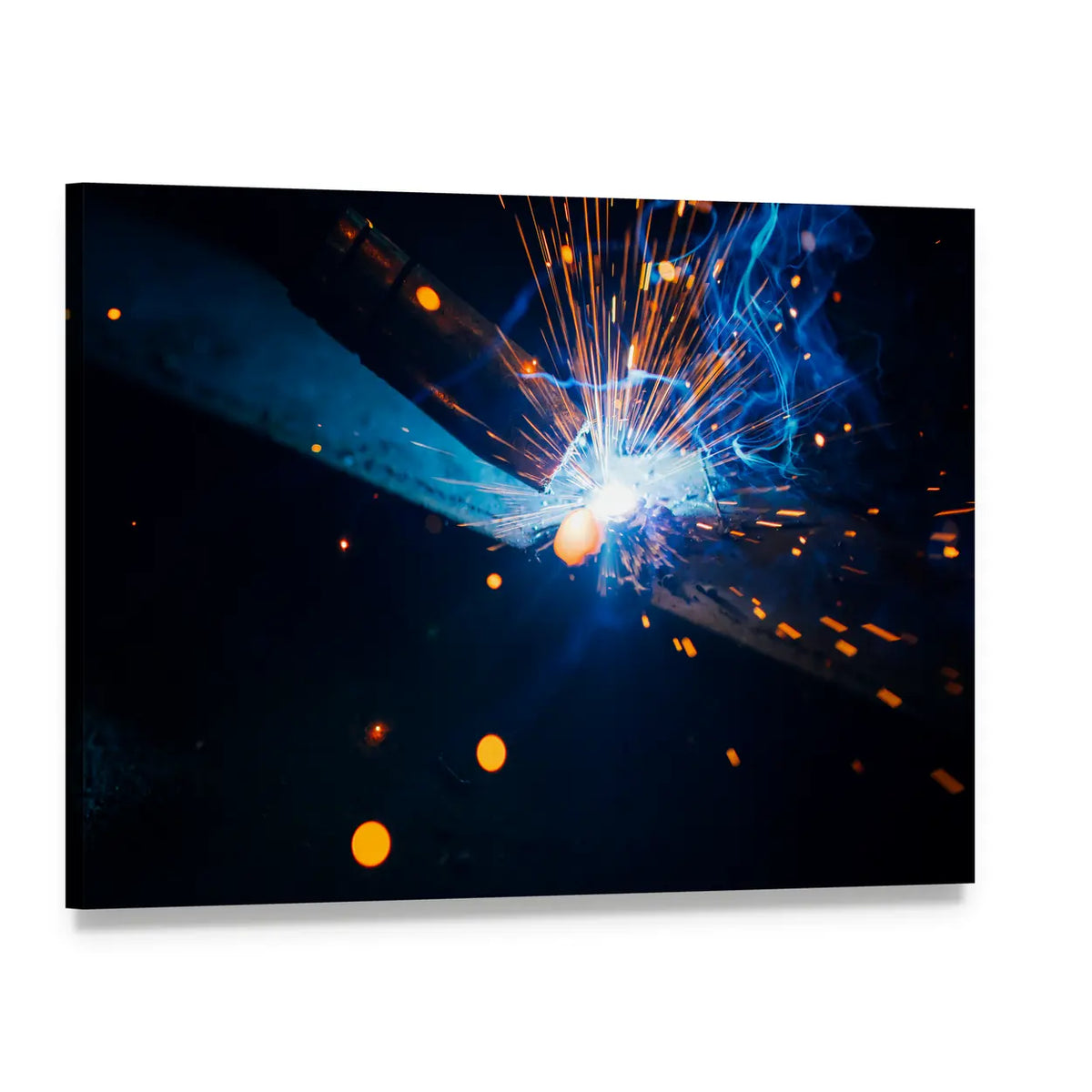 Welding Sparks with Blue Electric Arc Canvas Wall Art, single panel gallery wrapped canvas, angled product view