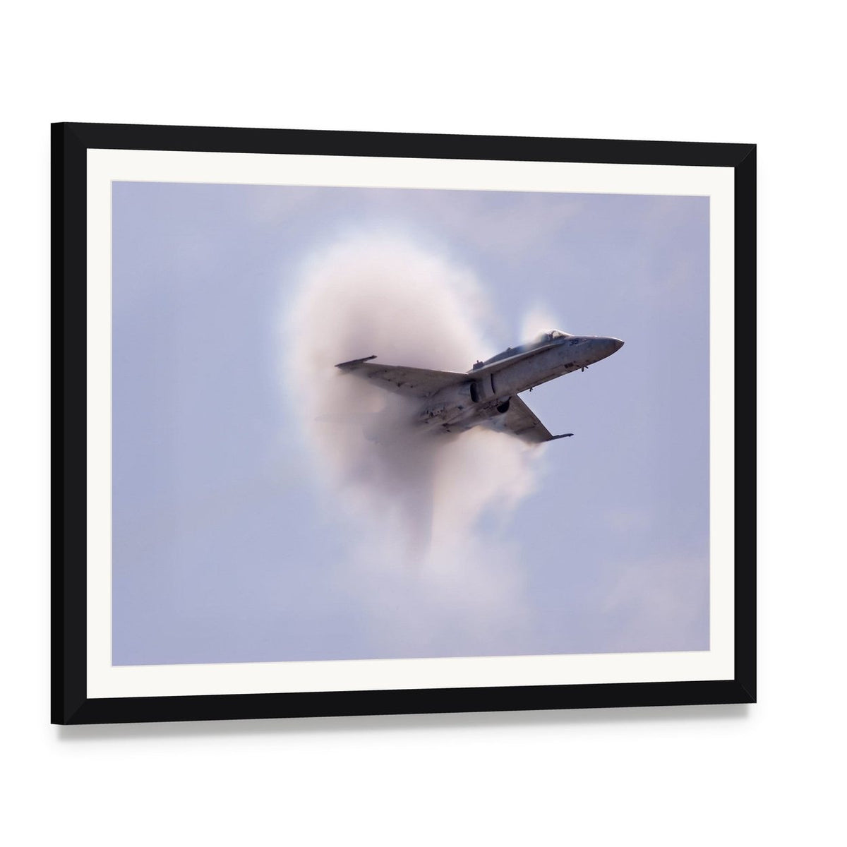 Supersonic Fighter Jet with Vapor Cone Canvas Wall Art, framed print with white mat and black frame, angled product view
