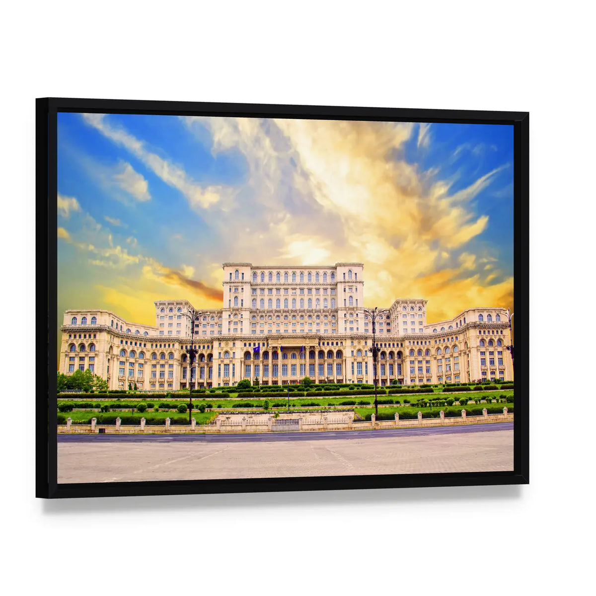Palace of Parliament, Bucharest Canvas Wall Art, framed canvas in a black floater frame, angled product view