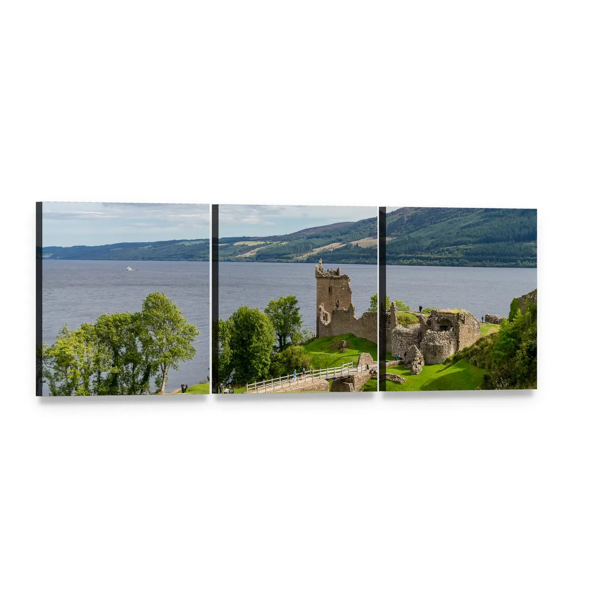 Urquhart Castle on Loch Ness Panoramic Canvas Wall Art, 3 panel 3 Piece layout gallery wrapped canvas set, angled product view
