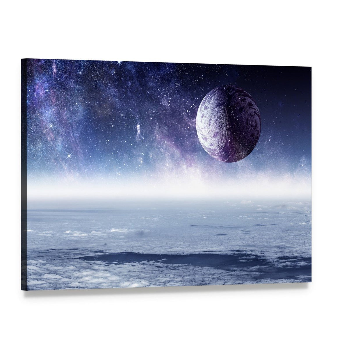 Swirling Purple Planet and Dense Starfield Canvas Wall Art, single panel gallery wrapped canvas, angled product view