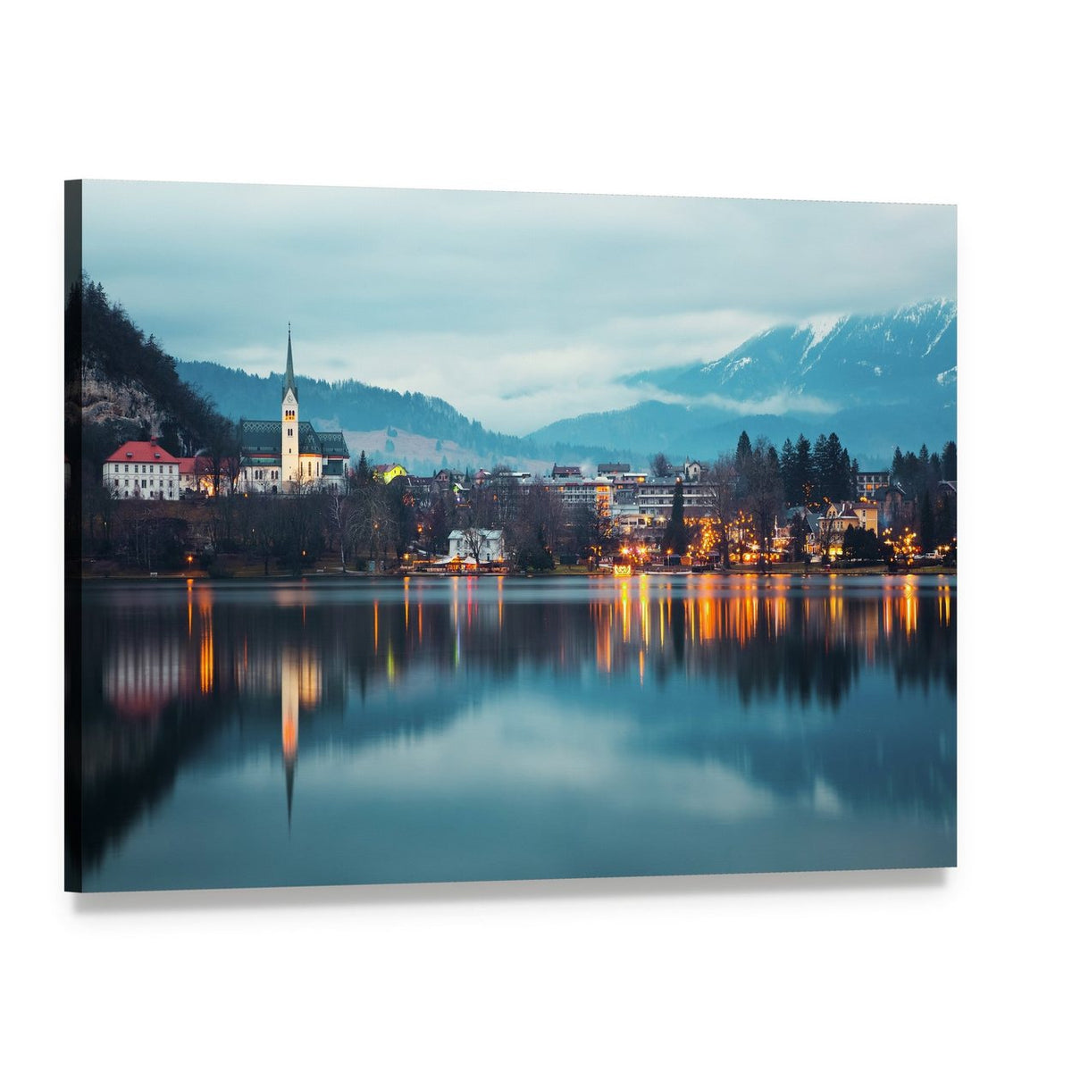 Bled Lake at Dusk Canvas Wall Art, single panel gallery wrapped canvas, angled product view