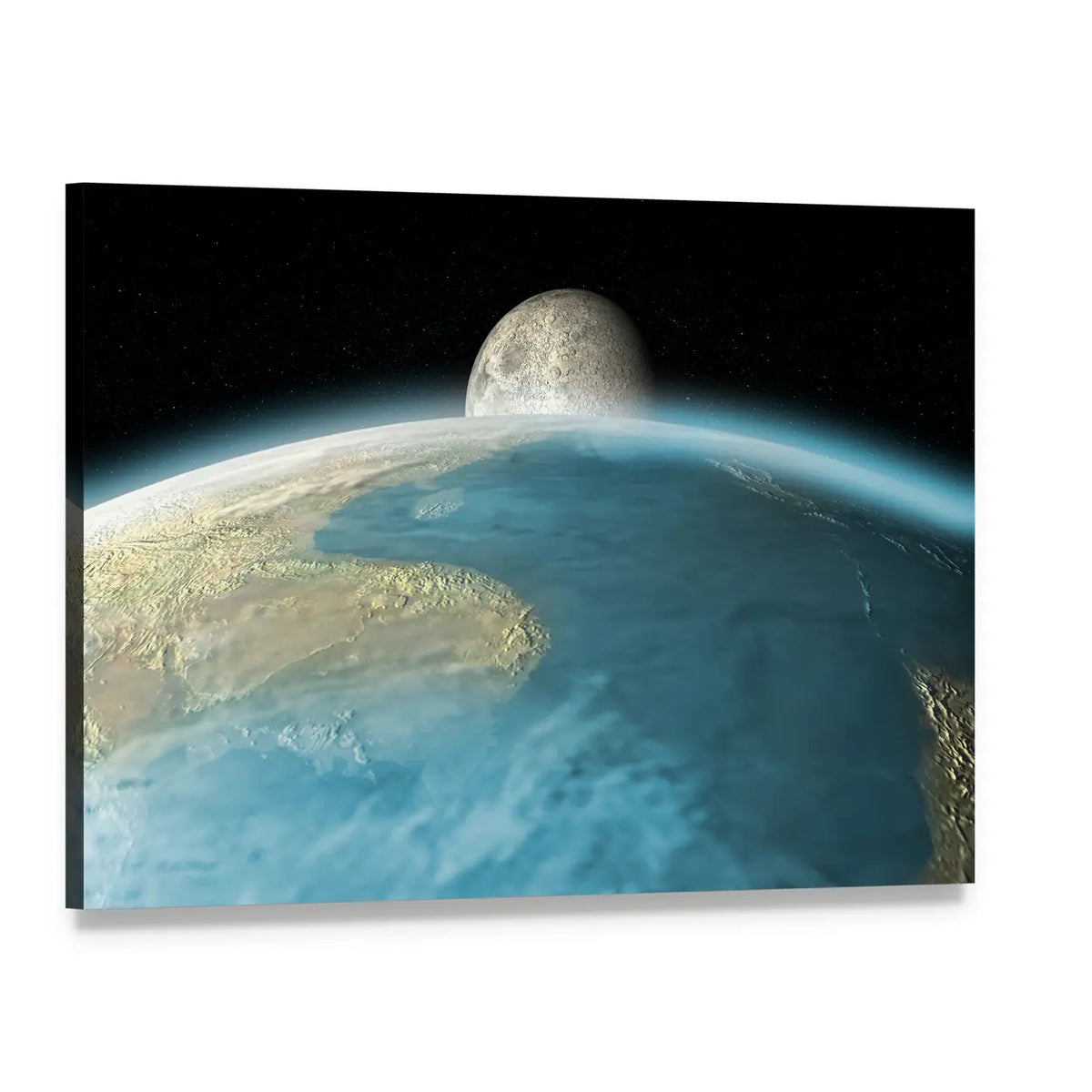 Moon Rising Over Earth Canvas Wall Art, single panel gallery wrapped canvas, angled product view