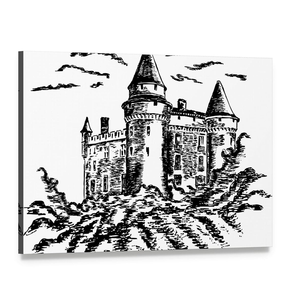 Pen and Ink Castle with Spires Canvas Wall Art, single panel gallery wrapped canvas, angled product view