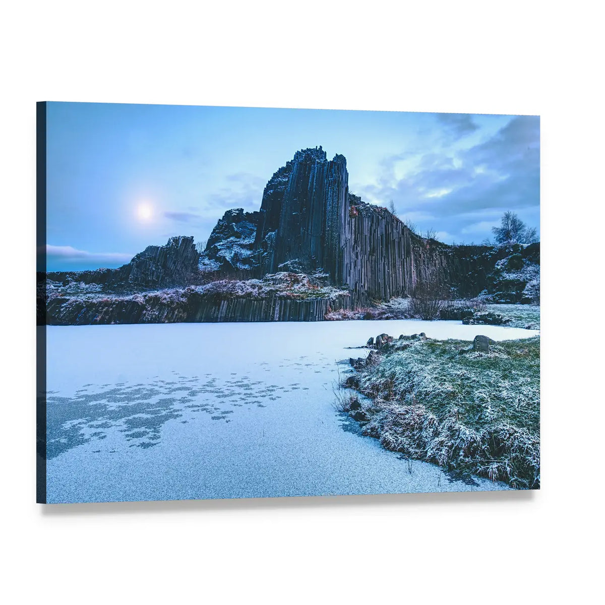 Basalt Columns and Frozen Lake at Dawn Canvas Wall Art, single panel gallery wrapped canvas, angled product view