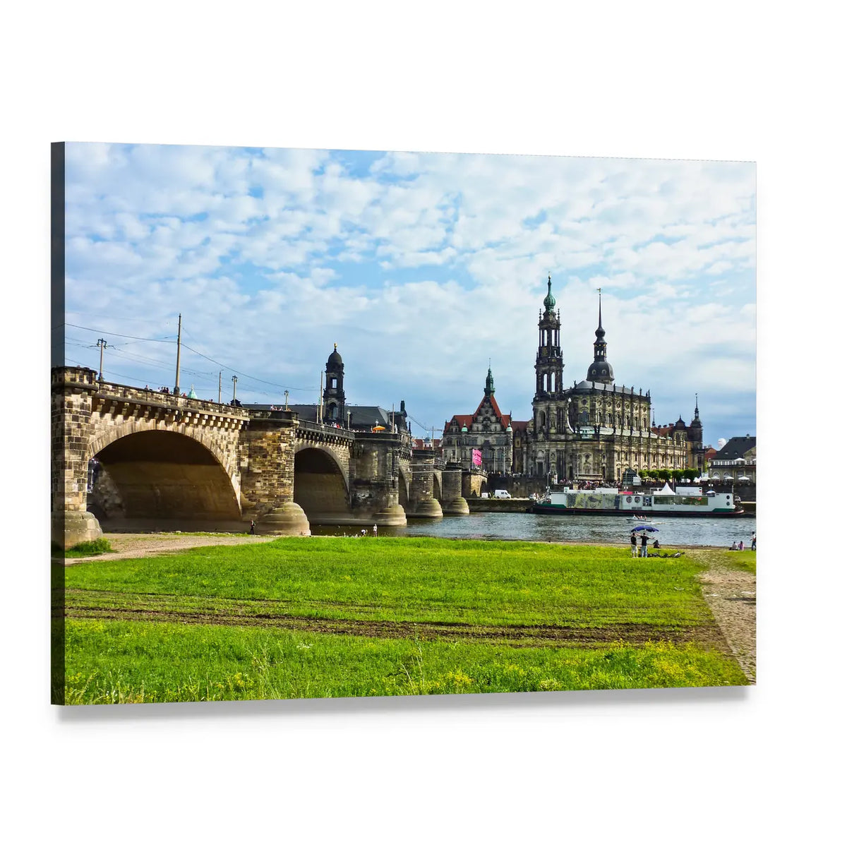 Dresden Stone Arch Bridge and Cathedral Skyline Canvas Wall Art, single panel gallery wrapped canvas, angled product view