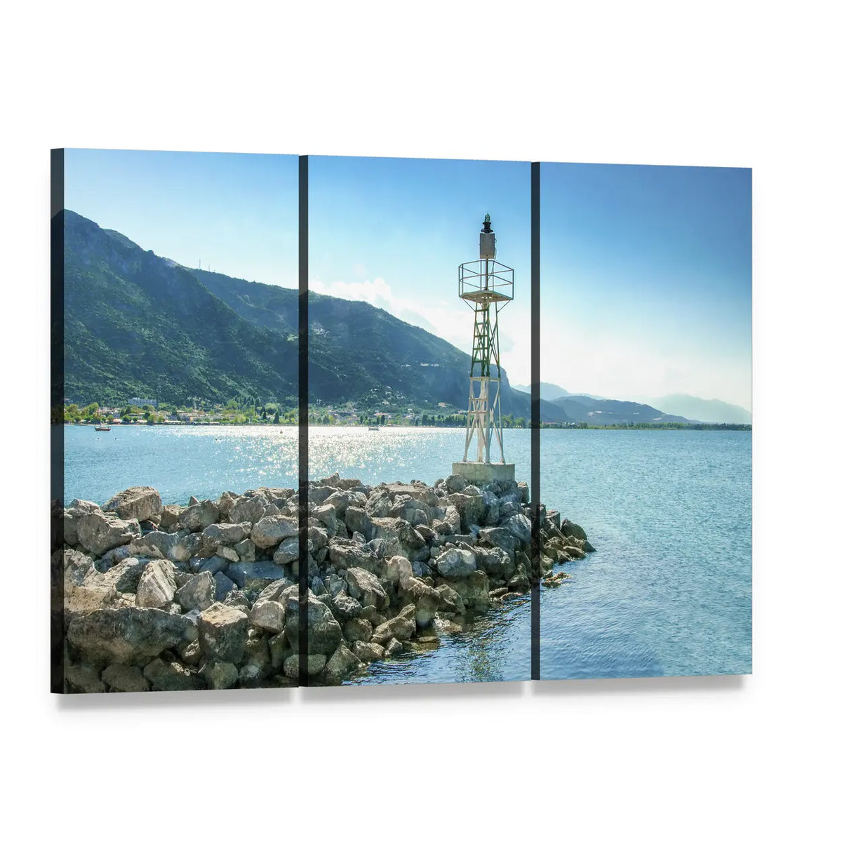 Lighthouse on Rocky Breakwater Greece Canvas Wall Art, 3 panel 3 Horizontal layout gallery wrapped canvas set, angled product view