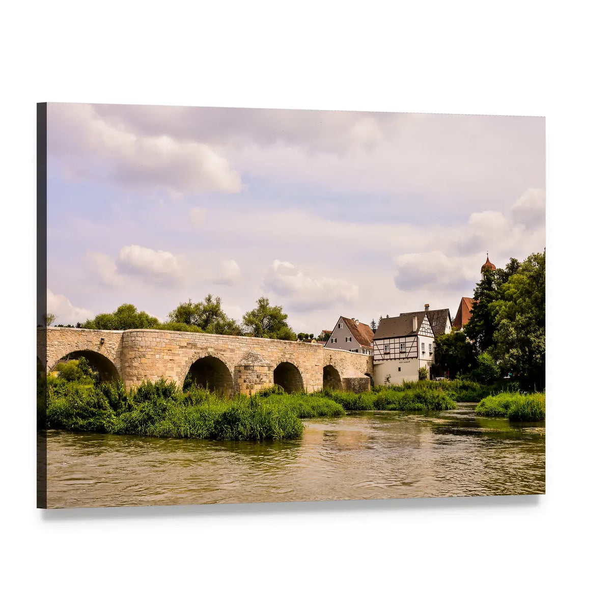 Classic European Village with Stone Arch Bridge Canvas Wall Art, single panel gallery wrapped canvas, angled product view