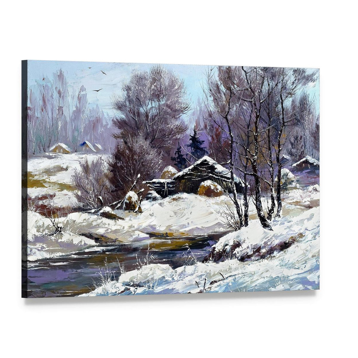 Small House in Winter Village Canvas Wall Art, single panel gallery wrapped canvas, angled product view