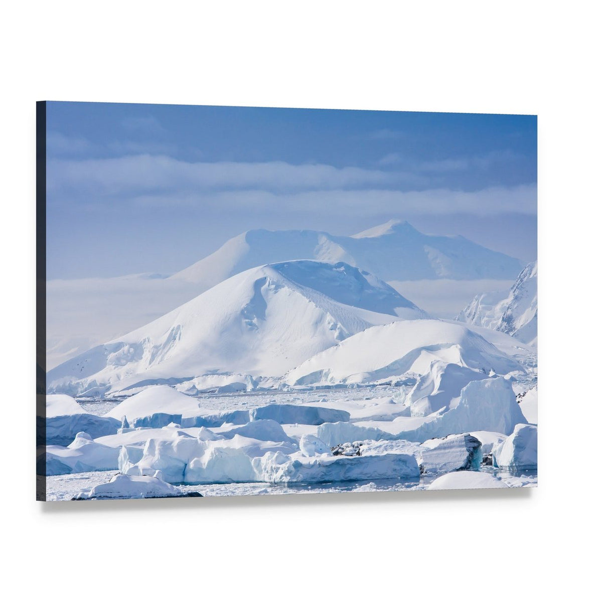 Snowy Mountains and Iceberg Canvas Wall Art, single panel gallery wrapped canvas, angled product view