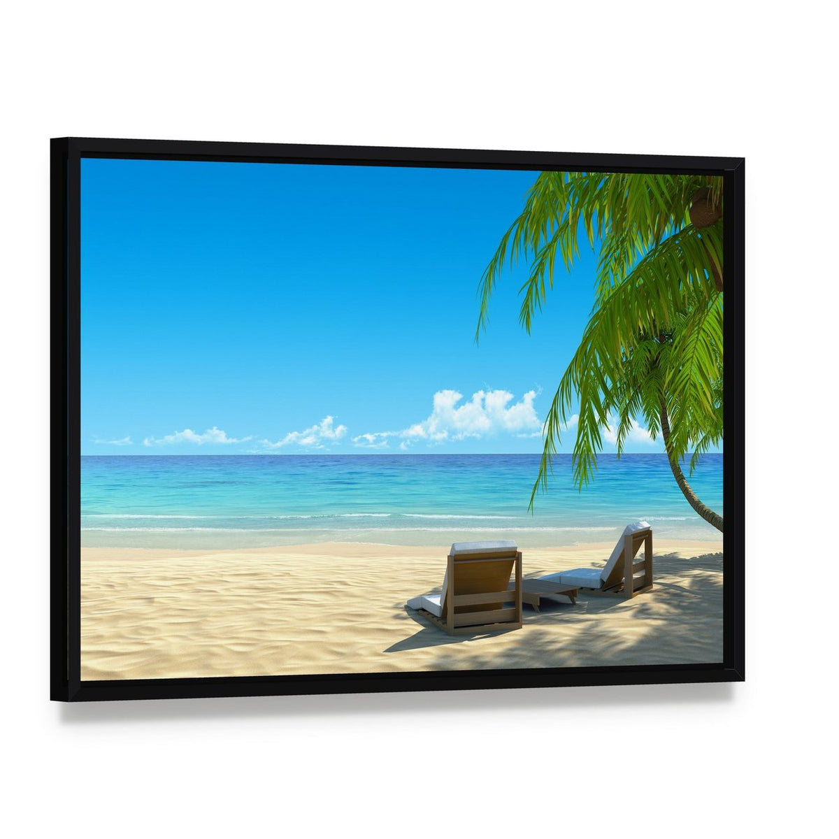 Chairs on Tropical Beach Canvas Wall Art, framed canvas in a black floater frame, angled product view