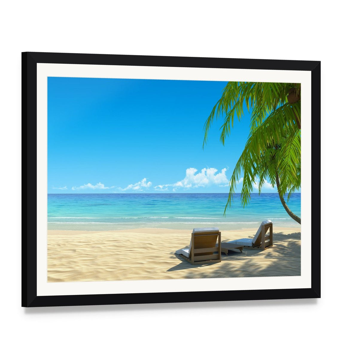 Chairs on Tropical Beach Canvas Wall Art, framed print with white mat and black frame, angled product view