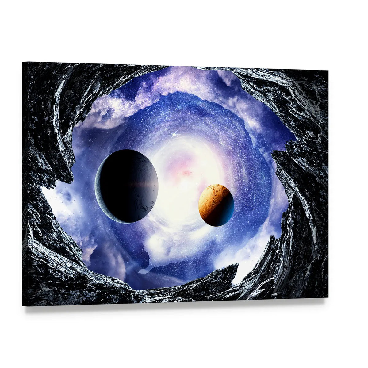 Planets and Nebula Framed by Cave Canvas Wall Art, single panel gallery wrapped canvas, angled product view