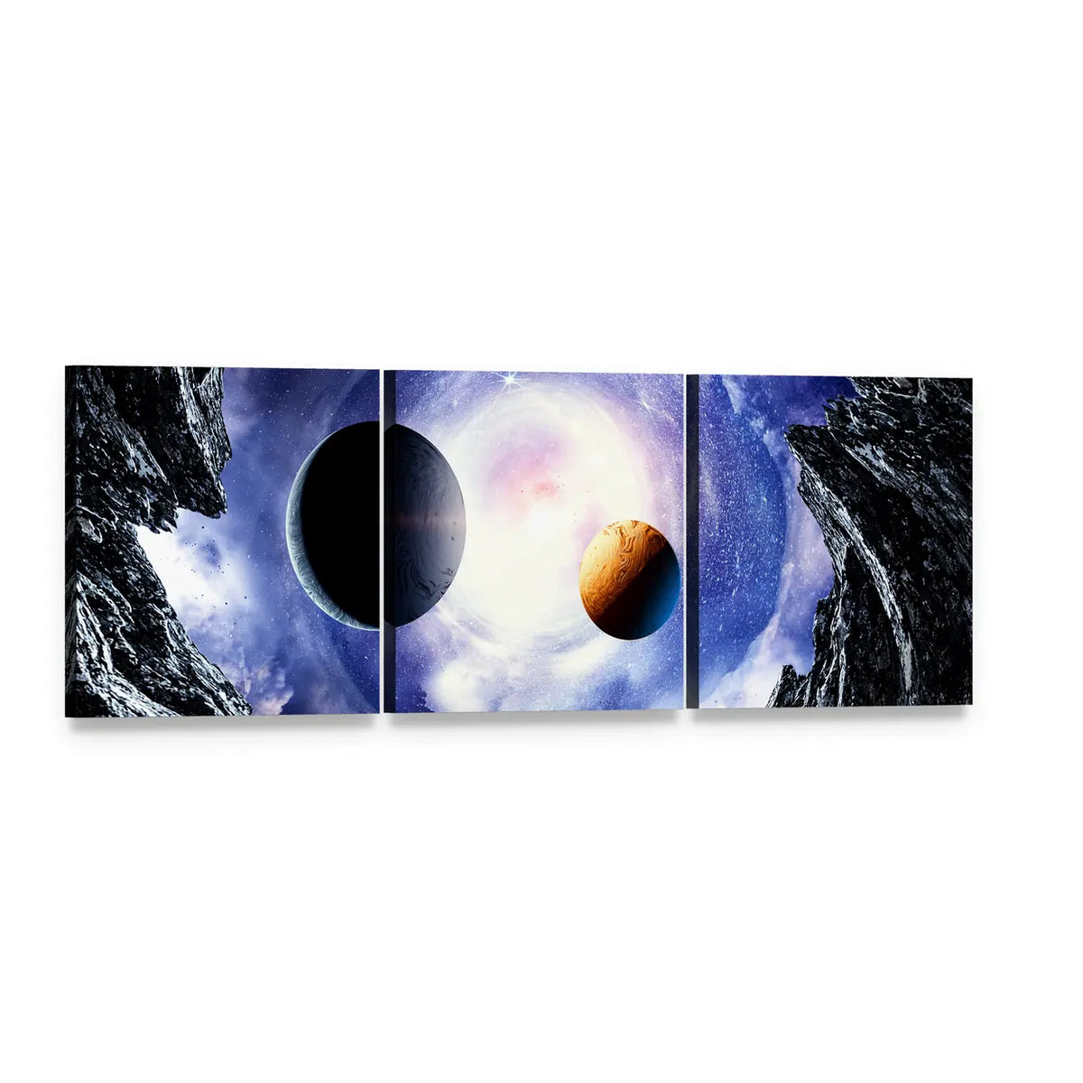 Twin Planets Over Nebula Glow Panoramic Canvas Wall Art, 3 panel 3 Piece layout gallery wrapped canvas set, angled product view