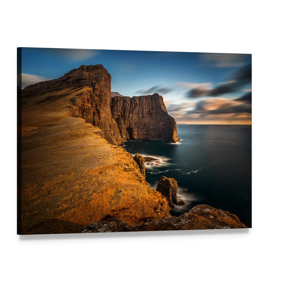 High Cliffs of Vagar Island at Sunset Canvas Wall Art, single panel gallery wrapped canvas, angled product view
