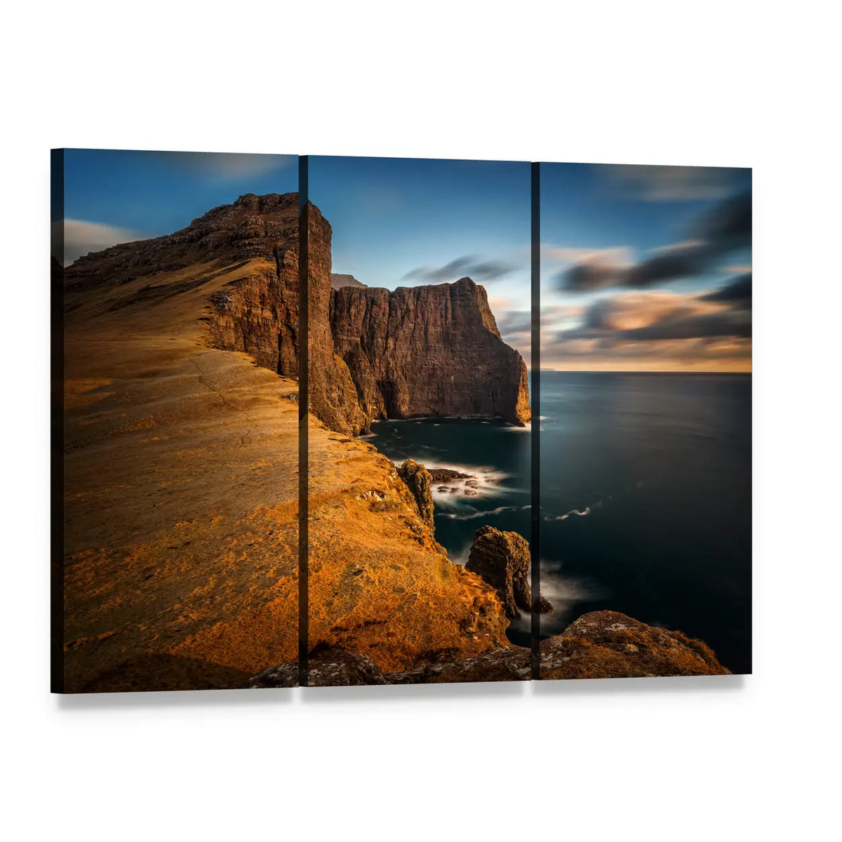 High Coastal Cliffs at Golden Hour Canvas Wall Art, 3 panel 3 Horizontal layout gallery wrapped canvas set, angled product view