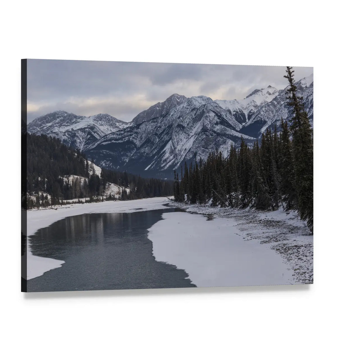 Frozen Maligne Lake Canvas Wall Art, single panel gallery wrapped canvas, angled product view