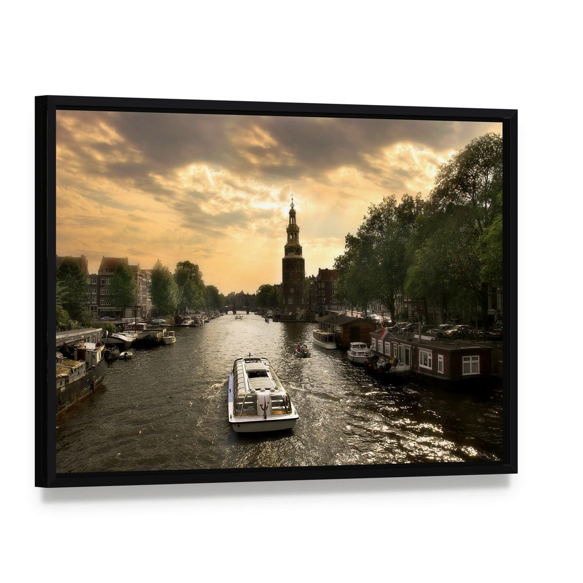 Amstel River Cruise at Sunset Canvas Wall Art, framed canvas in a black floater frame, angled product view