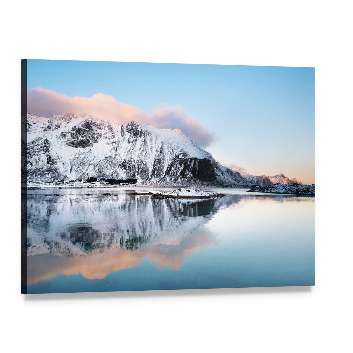 Snowy Mountain Ridge with Lake Reflection Canvas Wall Art, single panel gallery wrapped canvas, angled product view