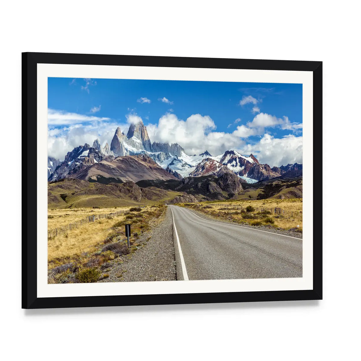 Mountain Road to Fitz Roy Peak Canvas Wall Art, framed print with white mat and black frame, angled product view